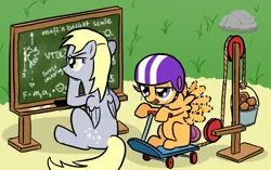 Size: 1100x690 | Tagged: safe, artist:lightbulb, derpibooru import, derpy hooves, scootaloo, pegasus, pony, bucket, chalkboard, fancy mathematics, female, flying contraption, flying lesson, food, g4, helmet, image, mare, math, muffin, png, science, scootaloo can't fly, scooter, sweat, this will end in tears