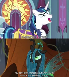 Size: 1280x1440 | Tagged: safe, derpibooru import, edit, edited screencap, editor:jaredking779, screencap, queen chrysalis, shining armor, changeling, changeling queen, pony, unicorn, season 9, sparkle's seven, the beginning of the end, spoiler:s09, caption, confrontation, duo, female, g4, horn, image, jpeg, male, stallion, text