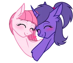 Size: 1000x867 | Tagged: safe, artist:lilith1light, artist:muhammad yunus, derpibooru import, oc, oc:annisa trihapsari, oc:violetta cuddles belle, unofficial characters only, earth pony, pony, unicorn, base used, blushing, duo, duo female, eyes closed, eyeshadow, female, happy, horn, image, lesbian, makeup, png, ponytail, simple background, smiling, transparent background