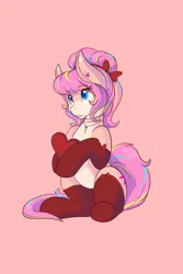 Size: 1365x2048 | Tagged: safe, artist:mscolorsplash, derpibooru import, oc, unofficial characters only, earth pony, pony, bow, clothes, colored pupils, eyebrows, eyebrows visible through hair, female, hair bow, heart, image, jewelry, jpeg, mare, necklace, pale belly, pink background, simple background, sitting, sitting up, socks, solo, stockings, thigh highs