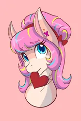 Size: 1365x2048 | Tagged: safe, artist:mscolorsplash, derpibooru import, oc, unofficial characters only, earth pony, pony, bow, bust, coat markings, colored pupils, eyebrows, eyebrows visible through hair, female, hair bow, hairband, heart, image, jpeg, looking at you, mare, not fluttershy, pink background, simple background, smiling, smiling at you, solo