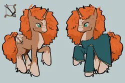 Size: 1280x848 | Tagged: safe, artist:sharky66, derpibooru import, ponified, pony, unicorn, blaze (coat marking), body freckles, brave (movie), brown coat, clothes, coat markings, colored horn, colored muzzle, curly mane, curly tail, disney, disney princess, dress, duality, facial markings, female, fetlock tuft, freckles, gray background, green eyes, horn, image, leg fluff, leg freckles, long mane, long tail, mare, merida, orange mane, orange tail, png, profile, raised hoof, reference sheet, simple background, socks (coat marking), solo, splotches, standing, tail, unicorn horn, wingding eyes