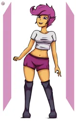 Size: 3888x6203 | Tagged: safe, artist:toxinagraphica, derpibooru import, scootaloo, human, equestria girls, clothes, cute, g4, image, png, shorts, simple background, smiling, socks, solo