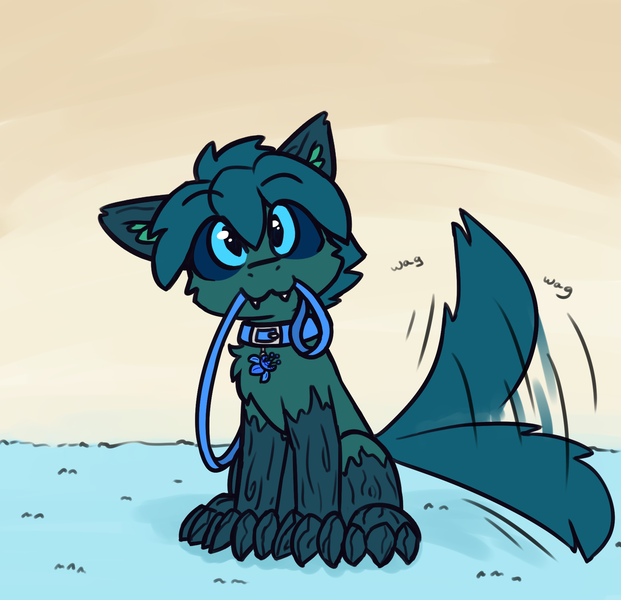 Size: 1796x1734 | Tagged: safe, artist:rivibaes, derpibooru import, oc, oc:poison trail, original species, pony, timber pony, timber wolf, behaving like a dog, collar, image, leash, looking at you, male, png, species swap, stallion, tail, tail wag