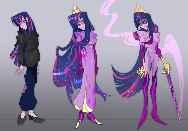 Size: 2048x1422 | Tagged: safe, artist:lizkaintrash, derpibooru import, twilight sparkle, human, bags under eyes, boots, clothes, crown, cutie mark, cutie mark on clothes, dress, evil twilight, eyeshadow, female, frown, g4, gloves, gown, gradient background, humanized, image, jewelry, jpeg, lidded eyes, light skin, long gloves, long hair, looking at you, looking away, magic, makeup, multicolored hair, older, older twilight, one eye covered, pants, purple eyes, regalia, shoes, shoulder pads, smiling, sparkly hair, straight hair, sweater, sweatpants, sword, thigh boots, tiara, triality, trio, trio female, uniform, weapon, wingding eyes
