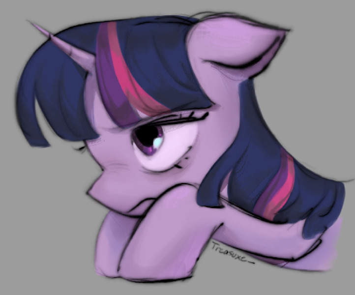 Size: 1442x1199 | Tagged: safe, artist:treasuxe, derpibooru import, twilight sparkle, pony, unicorn, bags under eyes, blue mane, colored pinnae, eyelashes, female, frown, g4, gray background, horn, image, jpeg, lidded eyes, long mane, lying down, mare, narrowed eyes, prone, purple coat, purple eyes, signature, simple background, solo, straight mane, tired, tired twilight, unicorn horn, unicorn twilight, wingding eyes