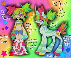 Size: 4096x3367 | Tagged: safe, artist:colorwurm, derpibooru import, oc, oc:dj gumi, ponified, unofficial characters only, human, pony, unicorn, acne, adoptable, arm warmers, belly button, bra, clothes, coat markings, colored eyelashes, colored hooves, colored horn, concave belly, curved horn, duality, duo, duo female, ear piercing, earring, eye clipping through hair, facial piercing, fake tail, female, green coat, hair accessory, hairclip, headphones, heart, hooves, horn, human ponidox, image, jewelry, jpeg, leg warmers, lidded eyes, light skin, long horn, long legs, looking back, mare, messy hair, messy mane, messy tail, multicolored eyes, multicolored hair, multicolored hooves, multicolored mane, nose piercing, open mouth, open smile, panties, piercing, pigtails, ponified oc, profile, rainbow background, self paradox, self ponidox, septum piercing, shirt, short shirt, shorts, smiling, stars, striped, striped horn, stripes, t-shirt, tail, tall, text, thong, tied hair, tied mane, trans female, transgender, transgender oc, underwear, unicorn oc, wall of tags, white text, wingding eyes