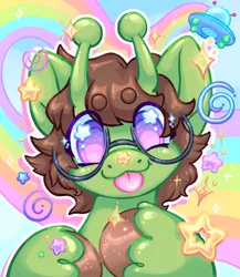 Size: 1778x2048 | Tagged: safe, artist:ibbledribble, derpibooru import, oc, unnamed oc, unofficial characters only, alien, alien pony, :3, :p, abstract background, alien pony oc, ambiguous gender, antennae, beanbrows, big ears, blue sclera, brown mane, colored eyebrows, colored hooves, colored sclera, commission, emanata, eye clipping through hair, eyebrows, eyebrows visible through hair, glasses, green coat, image, jpeg, looking at you, profile picture, purple eyes, rainbow, raised hoof, raised hooves, round glasses, shiny hoof, shiny mane, short mane, smiling, smiling at you, solo, sparkles, sparkly eyes, starry eyes, stars, swirls, tongue out, ufo, unshorn fetlocks, wingding eyes