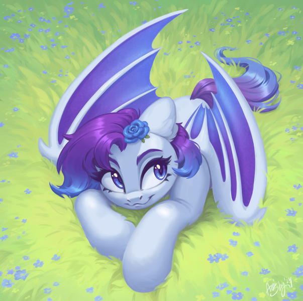 Size: 1955x1944 | Tagged: safe, artist:amishy, derpibooru import, oc, unofficial characters only, bat pony, pony, female, field, flower, flower in hair, image, jpeg, lying down, mare, prone, smiling, solo