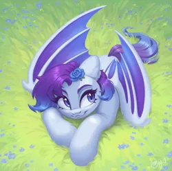 Size: 1955x1944 | Tagged: safe, artist:amishy, derpibooru import, oc, unofficial characters only, bat pony, pony, female, field, flower, flower in hair, image, jpeg, lying down, mare, prone, smiling, solo