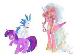 Size: 2048x1504 | Tagged: safe, artist:petaltwinkle, derpibooru import, princess cadance, shining armor, twilight sparkle, alicorn, pony, unicorn, alternate hairstyle, bowtie, bride, clothes, dress, female, groom, image, jpeg, mare, meme, redraw, riding, riding a pony, simple background, sweat, the bride and the ugly ass groom, unicorn twilight, veil, wedding dress, wedding veil, white background