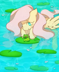 Size: 1109x1357 | Tagged: safe, artist:shinehop69, derpibooru import, fluttershy, frog, pegasus, pony, :3, blush sticker, blushing, female, g4, image, in water, jpeg, leg fluff, lidded eyes, lilypad, long mane, long tail, looking down, mare, open mouth, open smile, partially submerged, pink mane, pink tail, smiling, solo, sparkly mane, sparkly tail, spread wings, swimming, tail, teal eyes, water, wavy mane, wavy tail, wet, wet mane, wet tail, wing fluff, wings, yellow coat