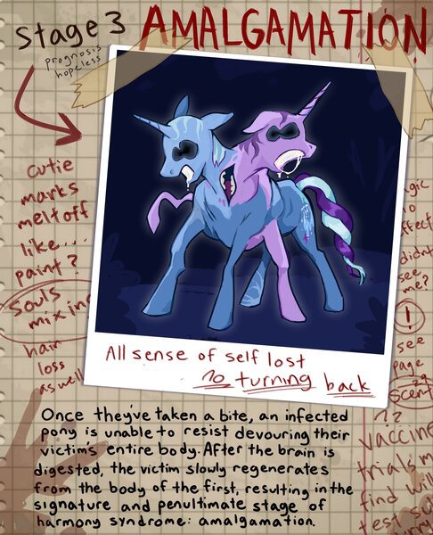 Size: 2575x3176 | Tagged: grimdark, artist:cracklewink, derpibooru import, starlight glimmer, trixie, pony, unicorn, amalgamation, body horror, drool, female, horn, image, infected, jpeg, mare, mlp infection, text