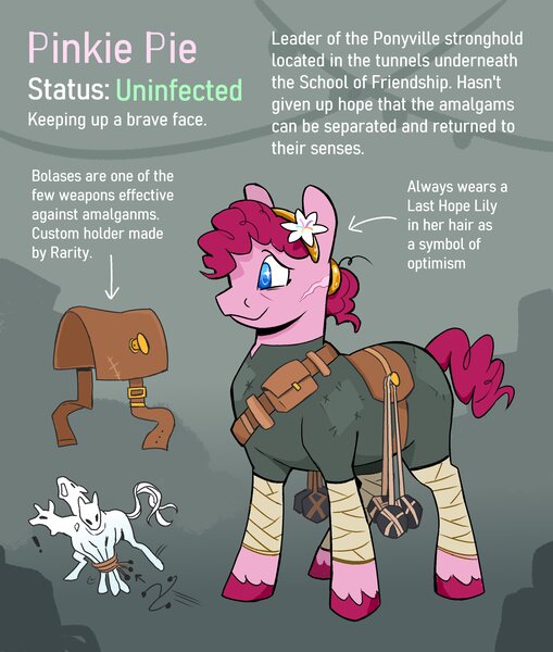 Size: 2800x3300 | Tagged: safe, artist:cracklewink, derpibooru import, pinkie pie, earth pony, pony, alternate hairstyle, amalgamation, bandage, bolas, clothes, female, headband, image, jpeg, mare, mlp infection, saddle, satchel, scar, solo, tack