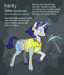 Size: 2800x3300 | Tagged: safe, artist:cracklewink, derpibooru import, rarity, pony, unicorn, female, horn, image, implied death, jpeg, magic, mare, mlp infection, pickaxe, safety vest, scar, solo, telekinesis