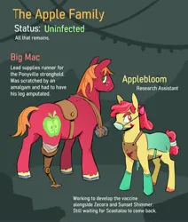 Size: 2800x3300 | Tagged: safe, artist:cracklewink, derpibooru import, apple bloom, big macintosh, earth pony, pony, amputee, bandage, blood, bolas, bow, clothes, duo, female, gloves, hair bow, image, implied death, jpeg, male, mare, mask, mlp infection, prosthetic leg, prosthetic limb, prosthetics, stallion, surgical mask, unshorn fetlocks