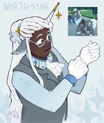 Size: 2800x3300 | Tagged: safe, artist:cracklewink, derpibooru import, north star, human, pony, unicorn, clothes, dark skin, dreadlocks, freckles, glasses, gloves, horn, horn jewelry, horned humanization, humanized, image, jewelry, jpeg, male, solo, stallion, waistcoat