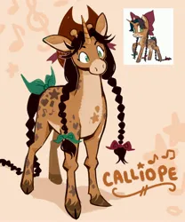 Size: 2500x3000 | Tagged: safe, artist:cracklewink, derpibooru import, oc, oc:calliope, unofficial characters only, giraffe, hybrid, pony, unicorn, bow, braid, female, hair bow, hat, horn, image, jpeg, mare, solo, tail, tail bow