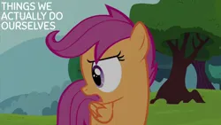 Size: 2000x1125 | Tagged: safe, derpibooru import, edit, edited screencap, editor:quoterific, screencap, scootaloo, twilight time, image, png, solo