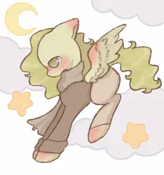Size: 1536x1638 | Tagged: safe, artist:sesapastel, derpibooru import, oc, unofficial characters only, pegasus, pony, clothes, crescent moon, flying, image, jpeg, jumper, moon, scarf, solo