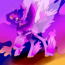 Size: 5800x5800 | Tagged: safe, artist:florarena-kitasatina/dragonborne fox, derpibooru import, twilight sparkle, alicorn, pony, absurd resolution, artificial wings, augmented, blank eyes, colored wings, edgy, flaming hooves, flowing mane, flowing tail, goddess, head wings, heterochromia, horn, image, magic, magic wings, mary sue, mary suefied, multicolored hair, multicolored wings, multiple horns, multiple wings, my eyes, png, raised hoof, simple background, tail, tail wings, third eye, wat, why, winged hooves, wings