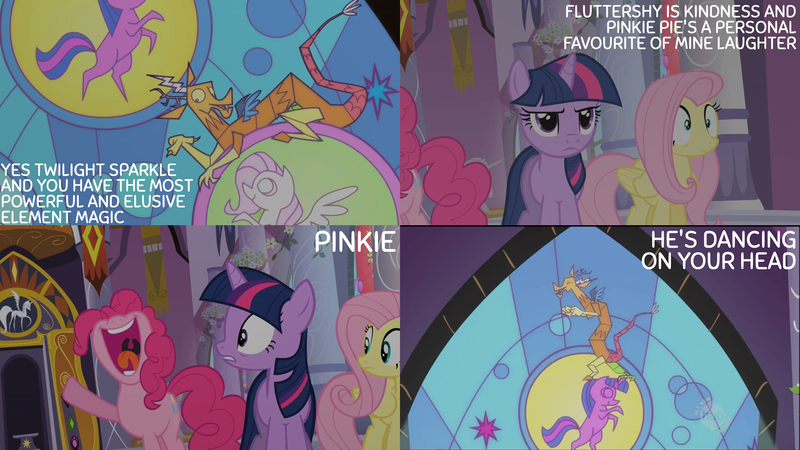Size: 2000x1125 | Tagged: safe, derpibooru import, edit, edited screencap, editor:quoterific, screencap, discord, fluttershy, pinkie pie, twilight sparkle, draconequus, earth pony, pegasus, unicorn, the return of harmony, g4, horn, image, png, stained glass