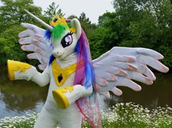 Size: 1024x764 | Tagged: safe, artist:atalonthedeer, artist:dairishgoat, derpibooru import, princess celestia, alicorn, fursuit, image, irl, jewelry, jpeg, outdoors, photo, ponysuit, regalia, solo, spread wings, wings