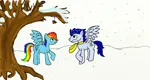 Size: 750x399 | Tagged: safe, artist:aynstainxpenelope, derpibooru import, rainbow dash, soarin', pegasus, pony, female, image, jpeg, male, mare, mistletoe, shipping, snow, soarindash, stallion, straight, winter