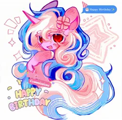 Size: 2048x2016 | Tagged: safe, artist:jojofassbender, derpibooru import, oc, unofficial characters only, pony, unicorn, commission, female, flower, flower in hair, happy birthday, horn, image, jpeg, mare, solo