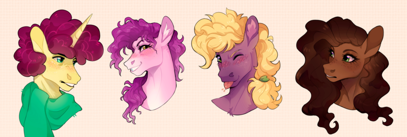 Size: 2804x948 | Tagged: safe, artist:traceofstardust, little mac, oc, oc:bread basket, oc:honeymoon appleslice, oc:ryegrass, oc:southern bravado, earth pony, pony, unicorn, beige background, blushing, bust, clothes, coat markings, cousins, curly mane, ear fluff, female, freckles, green eyes, image, looking at you, male, mare, next generation, offspring, parent:applejack, parent:big macintosh, parent:sugar belle, parent:troubleshoes clyde, parents:sugarmac, parents:troublejack, png, portrait, scarf, siblings, stallion, tongue out, wavy mane, winking at you