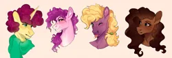 Size: 2804x948 | Tagged: safe, artist:traceofstardust, little mac, oc, oc:bread basket, oc:honeymoon appleslice, oc:ryegrass, oc:southern bravado, earth pony, pony, unicorn, beige background, blushing, bust, clothes, coat markings, cousins, curly mane, ear fluff, female, freckles, green eyes, image, looking at you, male, mare, next generation, offspring, parent:applejack, parent:big macintosh, parent:sugar belle, parent:troubleshoes clyde, parents:sugarmac, parents:troublejack, png, portrait, scarf, siblings, stallion, tongue out, wavy mane, winking at you