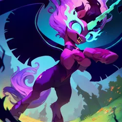 Size: 4096x4096 | Tagged: safe, ai content, derpibooru import, machine learning generated, prompter:enterusxrname, stable diffusion, sci-twi, twilight sparkle, twilight sparkle (alicorn), ponified, alicorn, pony, equestria girls, bipedal, female, flowing mane, g4, generator:purplesmart.ai, glow, glowing horn, horn, image, jpeg, mare, midnight sparkle, outdoors, solo, spread wings, wings