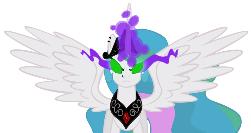 Size: 1024x544 | Tagged: safe, artist:stillstartrekn, derpibooru import, princess celestia, alicorn, pony, corrupted, corrupted celestia, dark magic, ear piercing, earring, g4, glow, glowing eyes, glowing horn, horn, image, jewelry, magic, nose piercing, peytral, piercing, png, simple background, solo, sombra eyes, spread wings, tiara, transparent background, vector, wings
