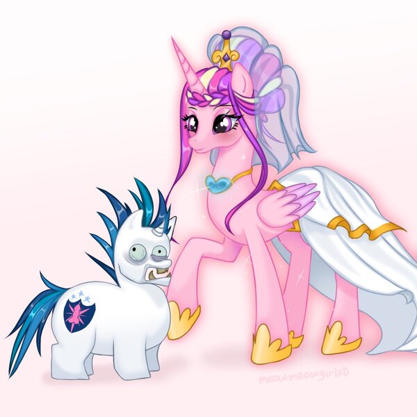 Size: 1000x1000 | Tagged: safe, artist:meowmeowgirlxd, derpibooru import, princess cadance, shining armor, alicorn, pony, unicorn, 2024, alternate hairstyle, bags under eyes, bloodshot eyes, blushing, clothes, concave belly, crown, dress, duo, duo male and female, female, g4, height difference, hoof shoes, horn, image, jewelry, jpeg, larger female, male, mare, meme, messy mane, open mouth, princess shoes, raised hoof, redraw, regalia, ship:shiningcadance, shipping, simple background, size difference, slender, smaller male, stallion, straight, tail, the bride and the ugly ass groom, thin, toy interpretation, veil, wedding dress, wedding veil, white background, wings