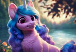 Size: 1216x832 | Tagged: safe, ai content, derpibooru import, machine learning generated, prompter:kluknawa235, stable diffusion, izzy moonbow, unicorn, g5, chest fluff, ear fluff, generator:pony diffusion v6 xl, horn, image, jpeg, river, smiling, tree, water