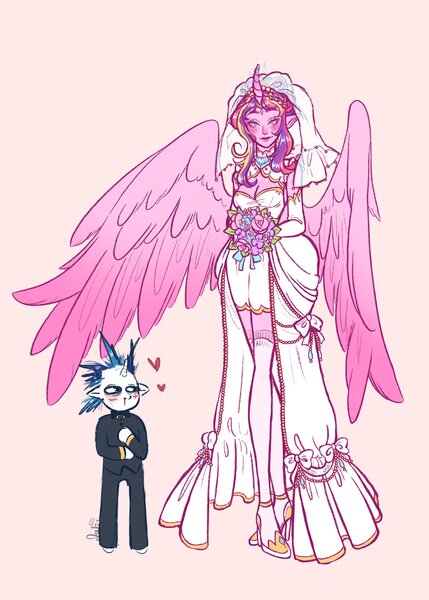 Size: 1463x2048 | Tagged: safe, artist:aankles2, derpibooru import, princess cadance, shining armor, alicorn, human, unicorn, 2024, alternate hairstyle, blood, blushing, bouquet of flowers, breasts, cleavage, clothes, dress, duo, duo male and female, female, floating heart, flower, g4, heart, height difference, horn, horned humanization, humanized, image, jpeg, larger female, looking at you, looking sideways, male, meme, messy hair, nosebleed, pants, pony coloring, ship:shiningcadance, shipping, simple background, size difference, smaller male, smiling, straight, suit, the bride and the ugly ass groom, toy interpretation, veil, wedding dress, wedding veil, winged humanization, wings