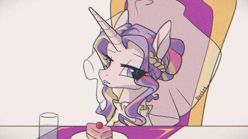 Size: 2000x1125 | Tagged: safe, artist:duvivi, derpibooru import, princess cadance, alicorn, pony, 2024, cadance is not amused, cake, chair, clothes, crossing the memes, dress, female, food, g4, glass, horn, image, jpeg, lidded eyes, looking at you, mare, meme, plate, simple background, solo, the bride and the ugly ass groom, unamused, veil, wedding dress, wedding veil, white background, woman yelling at a cat