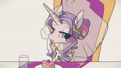 Size: 2000x1125 | Tagged: safe, artist:duvivi, derpibooru import, princess cadance, alicorn, pony, 2024, cadance is not amused, cake, chair, clothes, crossing the memes, dress, female, food, g4, glass, horn, image, jpeg, lidded eyes, looking at you, mare, meme, plate, simple background, solo, the bride and the ugly ass groom, unamused, veil, wedding dress, wedding veil, white background, woman yelling at a cat