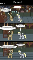 Size: 1920x3516 | Tagged: safe, artist:platinumdrop, derpibooru import, derpy hooves, doctor whooves, time turner, earth pony, pegasus, pony, comic:dismissed, 3 panel comic, alternate timeline, bowtie, comic, commission, crying, dialogue, doctor whooves' lab, dumped, duo, duo male and female, female, fired, floppy ears, folded wings, frantic, frown, g4, happy, heartbreak, image, indoors, lab, laboratory, looking at each other, looking at someone, looking away, machine, machinery, male, mare, open mouth, pleading, png, sad, sitting, speech bubble, spread wings, stallion, talking, tears of sadness, teary eyes, this will not end well, walking, wings, wings down
