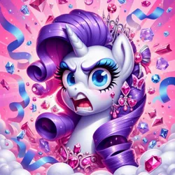 Size: 1024x1024 | Tagged: safe, ai content, derpibooru import, machine learning generated, prompter:pawels, rarity, pony, unicorn, angry, bust, eyeshadow, female, g4, gem, generator:bing image creator, generator:dall-e 3, horn, image, jewelry, jpeg, makeup, mare, open mouth, portrait, streamers, sunburst background