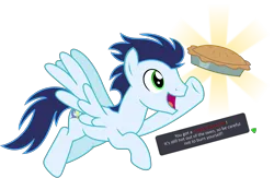 Size: 4011x2615 | Tagged: safe, artist:sketchmcreations, derpibooru import, soarin', pegasus, pony, flying, food, image, male, open mouth, open smile, pi day, pie, png, raised hoof, simple background, smiling, stallion, text, that pony sure does love pies, the legend of zelda, transparent background, vector