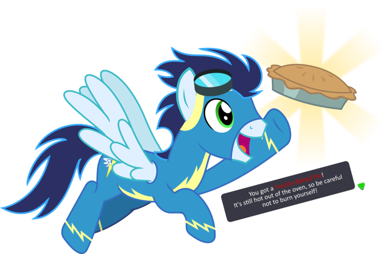 Size: 4011x2615 | Tagged: safe, alternate version, artist:sketchmcreations, derpibooru import, soarin', pegasus, pony, clothes, flying, food, goggles, goggles on head, image, male, open mouth, open smile, pi day, pie, png, raised hoof, simple background, smiling, stallion, text, that pony sure does love pies, the legend of zelda, transparent background, uniform, vector, wonderbolts uniform