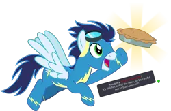 Size: 4011x2615 | Tagged: safe, alternate version, artist:sketchmcreations, derpibooru import, soarin', pegasus, pony, clothes, flying, food, goggles, goggles on head, image, male, open mouth, open smile, pi day, pie, png, raised hoof, simple background, smiling, stallion, text, that pony sure does love pies, the legend of zelda, transparent background, uniform, vector, wonderbolts uniform