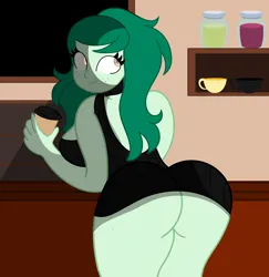 Size: 2220x2280 | Tagged: suggestive, artist:the lunar archer, derpibooru import, wallflower blush, human, equestria girls, alternate clothes, backless, bent over, breasts, busty wallflower blush, butt, clothes, coffee cup, coffee shop, commando, cup, female, g4, image, indoors, looking back, open-back sweater, png, sexy, sideboob, sleeveless, sleeveless sweater, smiling, solo, solo female, sweater, text, the ass was fat, virgin killer sweater, wallflower butt