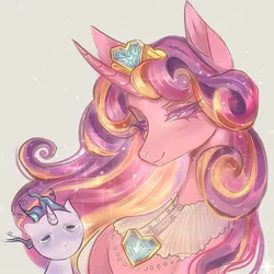 Size: 1280x1280 | Tagged: safe, artist:rif, derpibooru import, princess cadance, shining armor, alicorn, pony, unicorn, 2024, alternate hairstyle, bags under eyes, duo, duo male and female, female, g4, height difference, horn, image, jewelry, jpeg, larger female, lidded eyes, looking at you, male, mare, meme, messy mane, ship:shiningcadance, shipping, simple background, size difference, smaller male, smiling, stallion, straight, tail, the bride and the ugly ass groom, tiara, toy interpretation, white background
