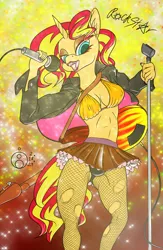 Size: 2605x4000 | Tagged: suggestive, artist:sepiakeys, derpibooru import, sunset shimmer, anthro, belly button, bikini, breasts, clothes, female, fishnets, guitar, image, jacket, microphone, microphone stand, musical instrument, png, solo, solo female, swimsuit