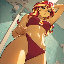 Size: 2896x2896 | Tagged: suggestive, ai content, derpibooru import, machine learning generated, prompter:thismaybeyou, stable diffusion, sunset shimmer, human, equestria girls, arm behind head, armpits, bathroom, before take a bath, before take a shower, belly, belly button, breasts, busty sunset shimmer, cutie mark, female, from below, g4, high res, human coloration, image, light, looking at you, looking down, looking down at you, nails, panties, panties pulled, png, red bra, red underwear, smelly, solo, solo female, stupid sexy sunset shimmer, swimsuit, thighs, underwear, worried, young adult