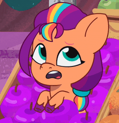 Size: 485x498 | Tagged: safe, derpibooru import, screencap, sunny starscout, earth pony, pony, g5, my little pony: tell your tale, spoiler:g5, spoiler:my little pony: tell your tale, spoiler:tyts01e63, animated, baby, baby pony, cute, female, filly, filly sunny starscout, foal, food, fruit, gif, image, mane stripe sunny, nightmare nightmarket, sunnybetes, tongue out, younger