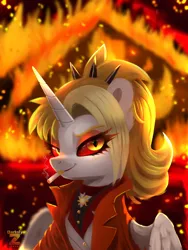 Size: 1800x2400 | Tagged: safe, artist:darksly, derpibooru import, oc, oc:dyx, unofficial characters only, alicorn, earth pony, pony, cigarette, clothes, commission, female, filly, fire, foal, high res, image, jacket, jpeg, lidded eyes, looking at you, smiling, smiling at you, solo