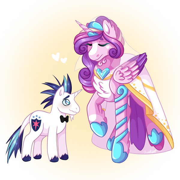 Size: 2000x2000 | Tagged: safe, artist:bunistxr, derpibooru import, princess cadance, shining armor, alicorn, pony, unicorn, 2024, blushing, bowtie, chest fluff, clothes, dress, duo, duo male and female, eyes closed, female, folded wings, g4, height difference, hoof shoes, horn, image, larger female, leonine tail, male, mare, meme, messy mane, png, princess shoes, raised hoof, redraw, ship:shiningcadance, shipping, size difference, smaller male, smiling, stallion, straight, tail, the bride and the ugly ass groom, wavy mouth, wings